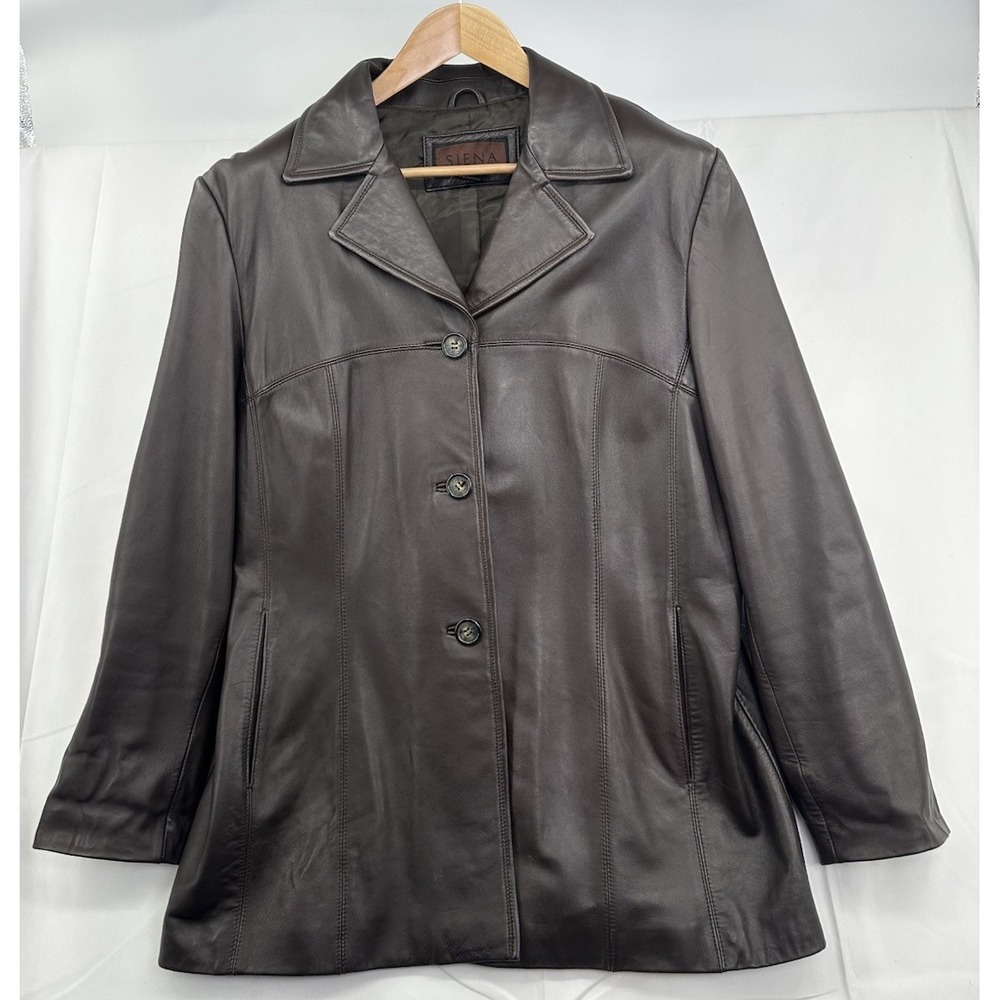 Vintage Women's Brown XXL‎ Siena Leather Coat Long Sleeve Button Pockets